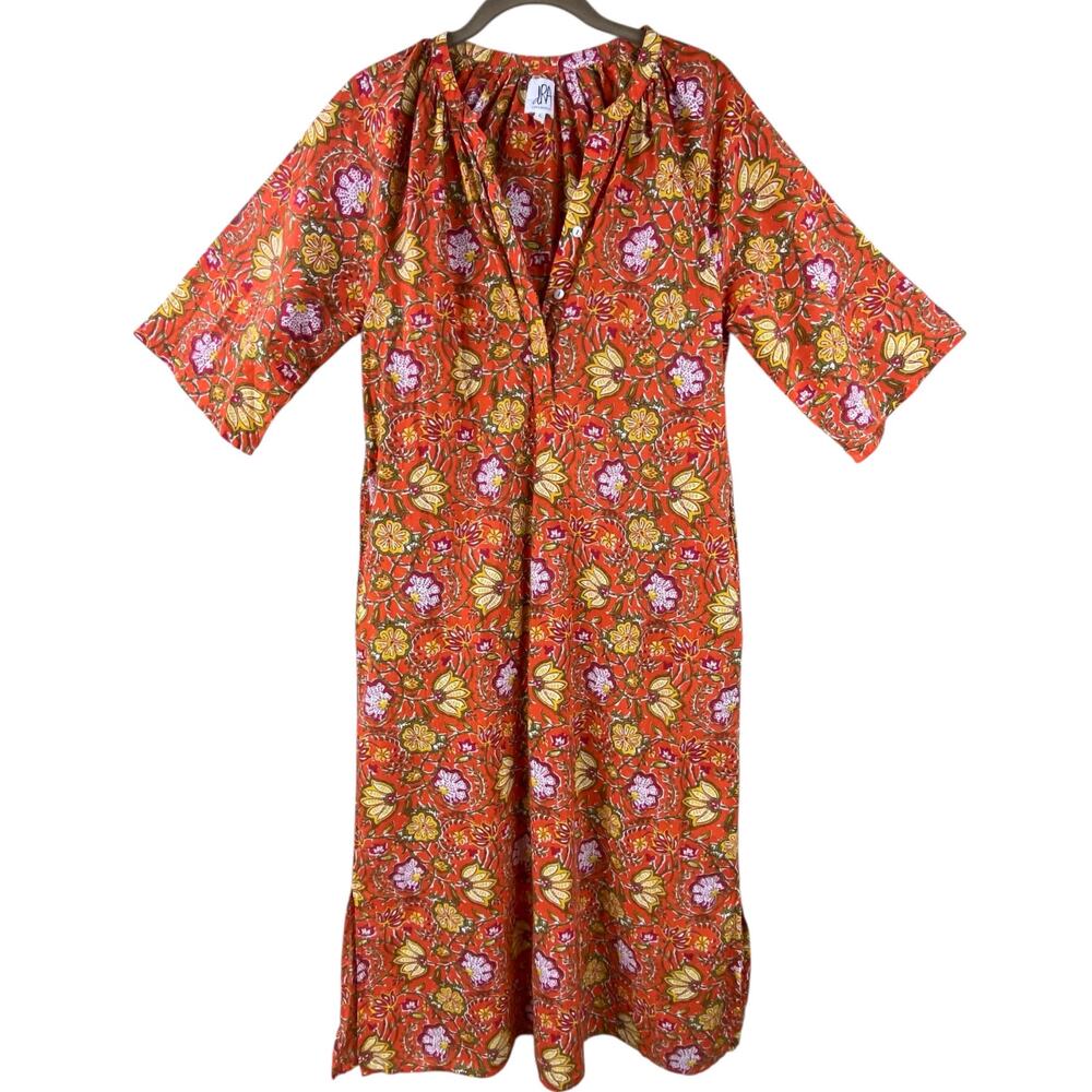 dRA Anthropologie Floral Midi Dress Size S Orange Shift With Belt Beach Resort
